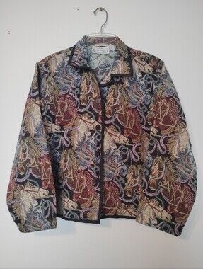 Vintage Sara Studio Horse Tapestry Black Button Up Jacket